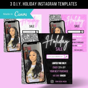 May include: Three Instagram post templates with a pink and black color scheme. The templates feature a woman with long black hair and a white shirt. The text on the templates reads "Holiday Sale" and includes a website address and a social media icon. The templates also include a limited time offer with a discount code.