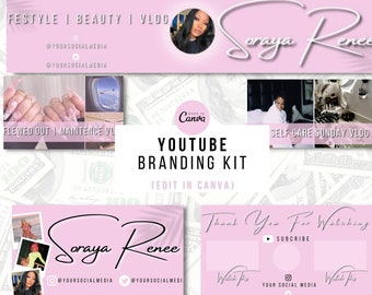 May include: A pink and white YouTube branding kit with the text "Soraya Renee" and "YouTube Branding Kit (Edit in Canva)". The kit includes a channel banner, end screen, and social media graphics.