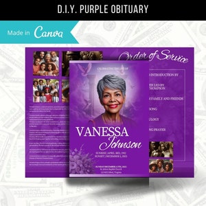 8.5&quot;x 11&quot; Purple Obituary Template (4 pages) Purple Style Funeral Program | Celebration of Life |Women Rose Obituary |Canva Template
