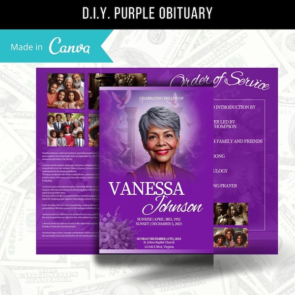 8.5"x 11" Purple Obituary Template (4 pages) Purple Style Funeral Program | Celebration of Life |Women Rose Obituary |Canva Template