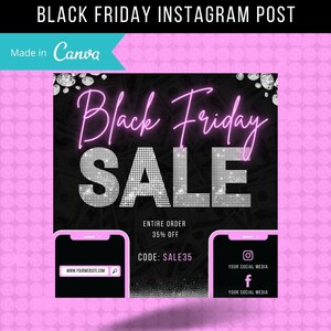 May include: Black Friday sale graphic with a sparkling diamond-encrusted SALE text on a black background with dollar bills. The text "Black Friday" is in pink neon lettering. The graphic includes a website address, a discount code, and social media icons.