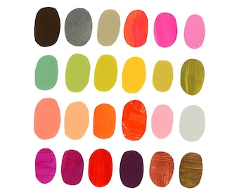 May include: A colorful abstract art print with 25 circles in various shades of green, red, orange, yellow, pink, blue, brown, and gray. The print is signed "lyn Quinta" in the bottom right corner.
