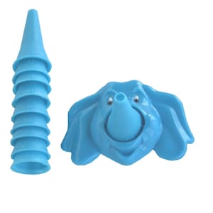 May include: A blue plastic elephant-shaped toy with a removable blue plastic cone nose. The cone nose is made of multiple sections that can be stacked together.