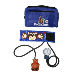 May include: A blue medical bag with the text "Pedia Pals" embroidered on it. The bag is open and a blue blood pressure cuff with a brown bear design is visible. A black blood pressure gauge with a brown bear charm is also visible.