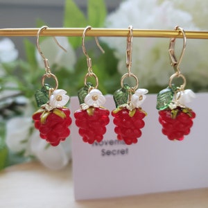 Raspberry earrings, glass raspberry drop earrings, food earrings, fruit earrings