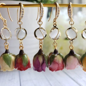 Dried flower resin earrings, Real rose flower earrings, Floral resin earrings