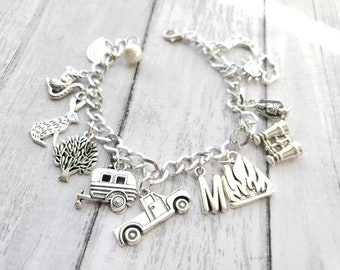 Camper charm bracelet, on the road charm bracelet, camper trailer bracelet, girl love camping bracelet, personalized letter length