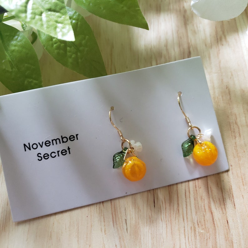 Orange earrings, glass orange drop earrings, food earrings, fruit earrings Yellow