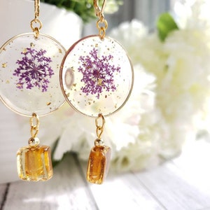 Purple real flower earrings, pressed floral resin earrings, dried flower earrings