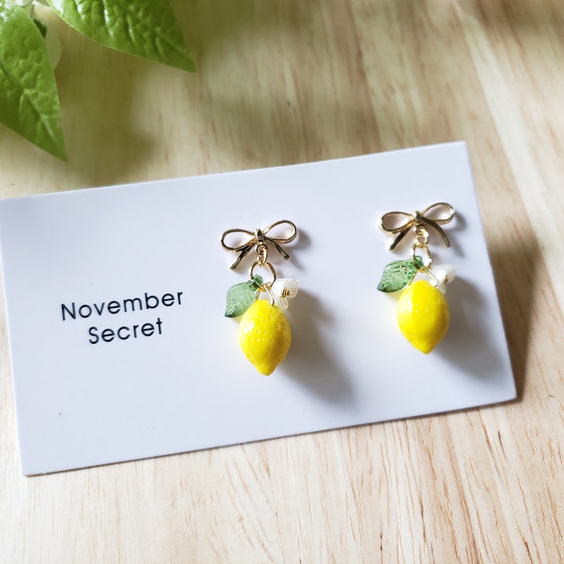 Lemon earrings, glass Lemon drop earrings, food earrings, fruit earrings Opaque