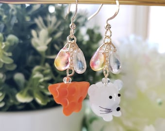 Mouse and cheese drop earrings, glass earrings, lampwork dangle earrings, cute gift for her earrings