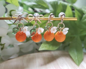 Orange fruit earrings, glass orange drop earrings, food fruit earrings
