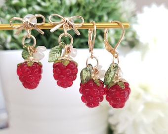 Raspberry earrings, glass raspberry drop earrings, food earrings, fruit earrings