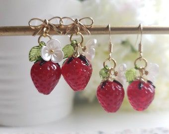 Strawberry earrings, glass red strawberry drop earrings, food earrings, fruit earrings