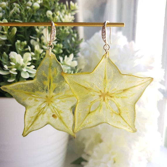 Star fruit earrings, inner slice carambola dried star fruit, real pressed fruit resin drop earrings