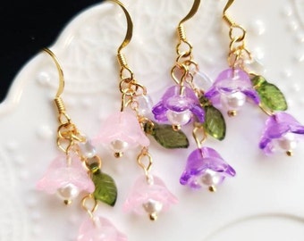 Bellflower earrings, glass floral and leaf drop earrings