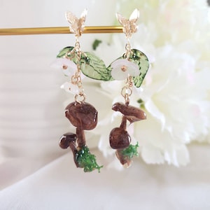 Woodland fairy resin earrings, real mushroom earrings