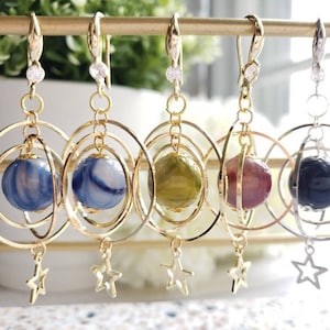 Planet and star earrings, universe statement earrings，galaxy dangle earrings