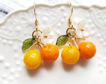 orange earrings,  glass yellow orange mandarin drop earrings, food earrings, fruit earrings