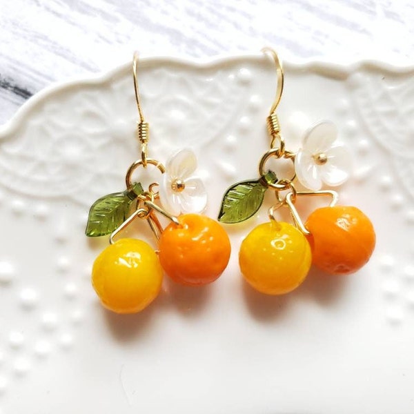 orange earrings,  glass yellow orange mandarin drop earrings, food earrings, fruit earrings