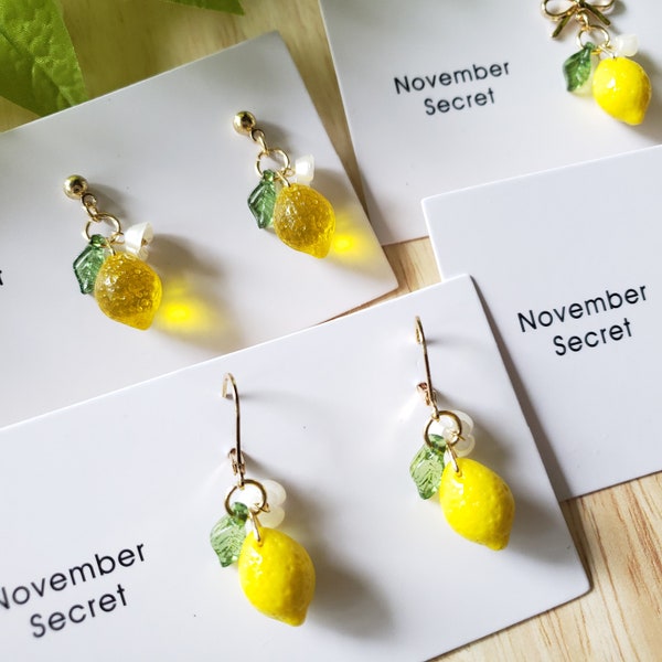 Lemon earrings, glass yellow food fruit drop earrings