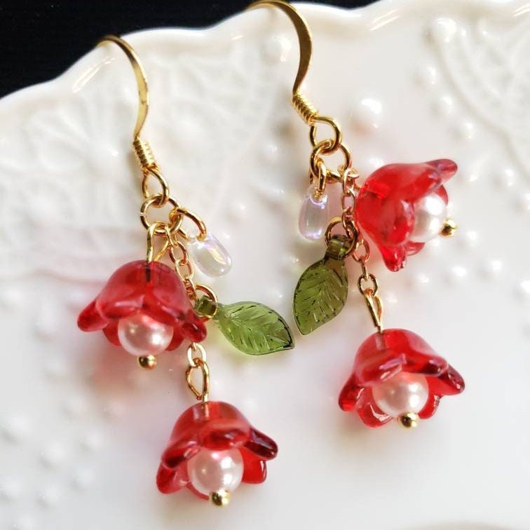 Bellflower Earrings, Glass Floral and Leaf Drop Earrings - Etsy