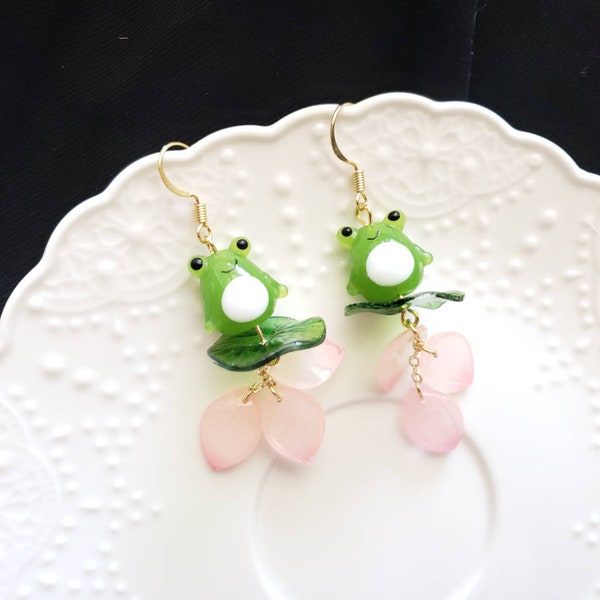 Frog on lily pad earrings,  Frog and floral petals Lovely drop earrings