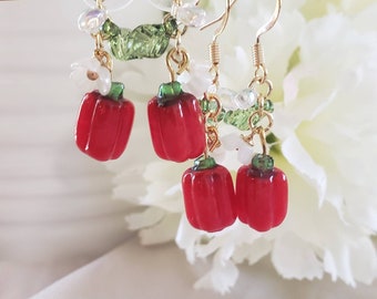 Bell pepper earrings, red glass drop earrings, food earrings, vegetable lampwork earrings