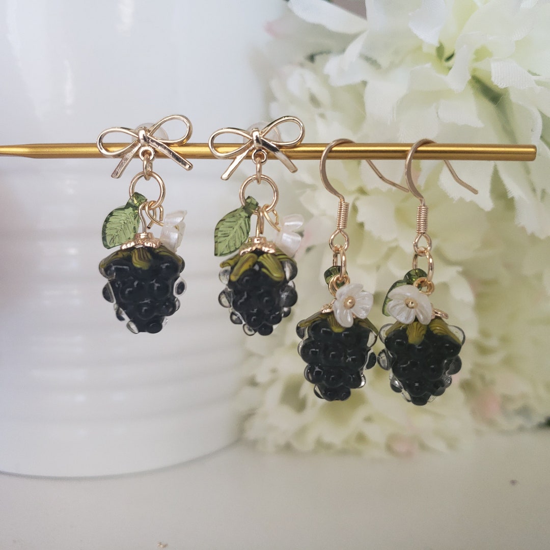 Blackberry Earrings, Glass Blackberry Drop Earrings, Food Earrings