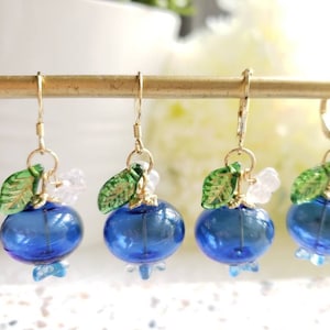 Blueberry earrings, blue glass bubble drop earrings, food earrings, fruit earrings