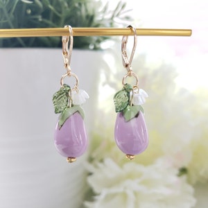 Eggplant earrings, purple vegetable drop earrings, food earrings