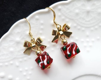 Christmas bowtie gift earrings,  cute red glass dangle earrings