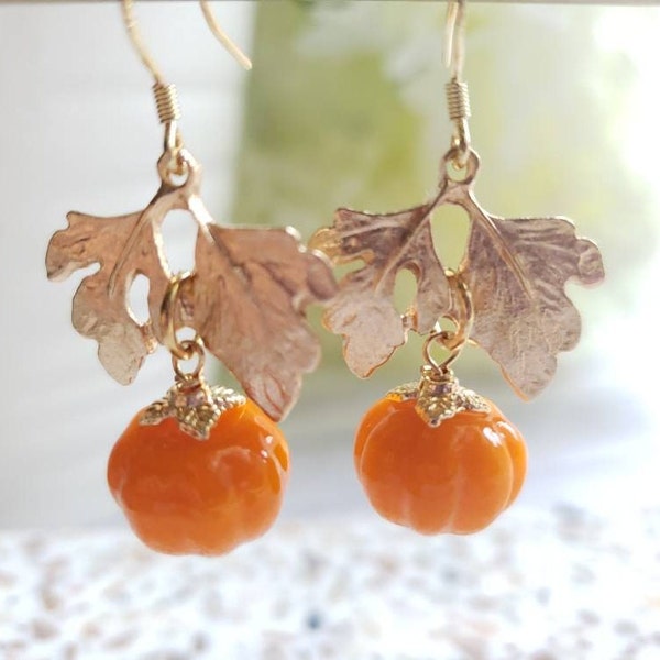 Pumpkin earrings, gold leaf and glass orange pumpkin earrings, fall drop earrings