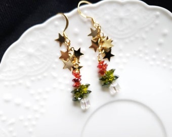 Christmas tree and star earrings,  green glass dangle earrings