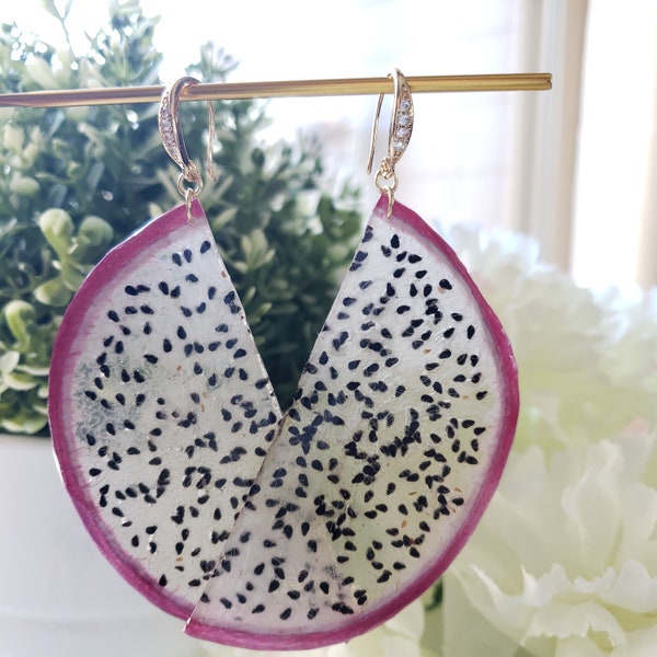 Dragon fruit earrings,  slice Dragon fruit, real pressed fruit resin drop earrings