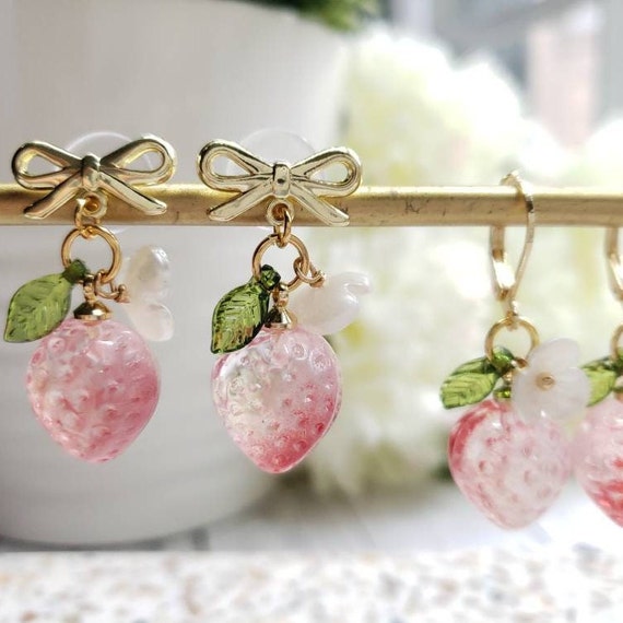 Strawberry Earrings Glass Pink Strawberry Drop Earrings Food