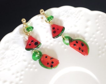 Watermelon earrings,  glass red watermelon drop earrings, food earrings, fruit earrings