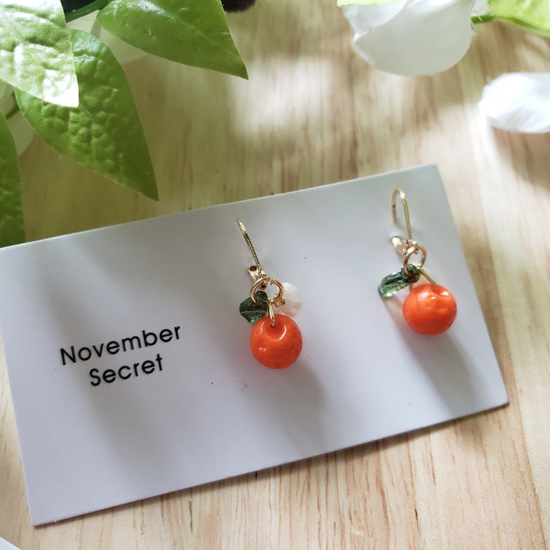 Orange earrings, glass orange drop earrings, food earrings, fruit earrings Opaque orange