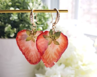Strawberry earrings, inner slice strawberry, real pressed fruit resin drop earrings, dried strawberry