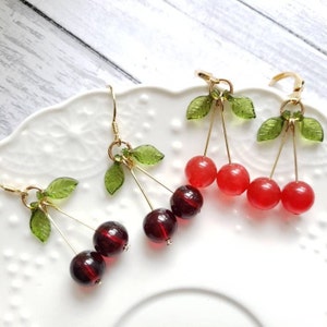 Cherry earrings, glass cherry drop earrings, food earrings, fruit earrings