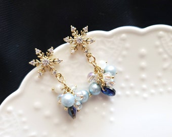 Elsa Frozen earrings,  snowflake and blue beads earrings, Lovely drop earrings