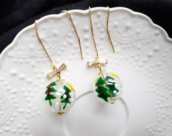 Christmas tree ornament earrings,  cute green glass threader earrings