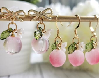Peach earrings, glass peach drop earrings, food earrings, fruit earrings