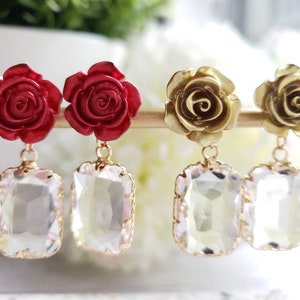 Rose dangle earrings,  Rose glass drop earrings, Flower dangle earrings