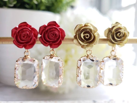 Rose flower drop earrings clearance