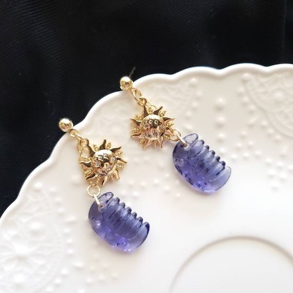 Rapunzel Inspired Earrings, Purple Comb and Sun, Lovely Drop