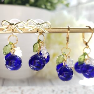 Blueberry earrings, glass blueberry drop earrings, food earrings, fruit earrings