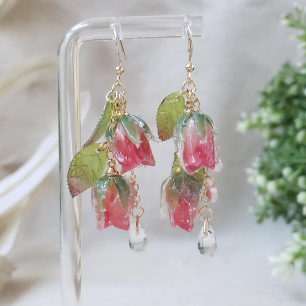Rose drop earrings with dew drops, flower bud and leaf earrings, pink red yellow blue dangle jewelry