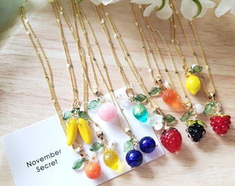 Fruit necklace, glass beads fruits, cute and fun gold plated necklaces