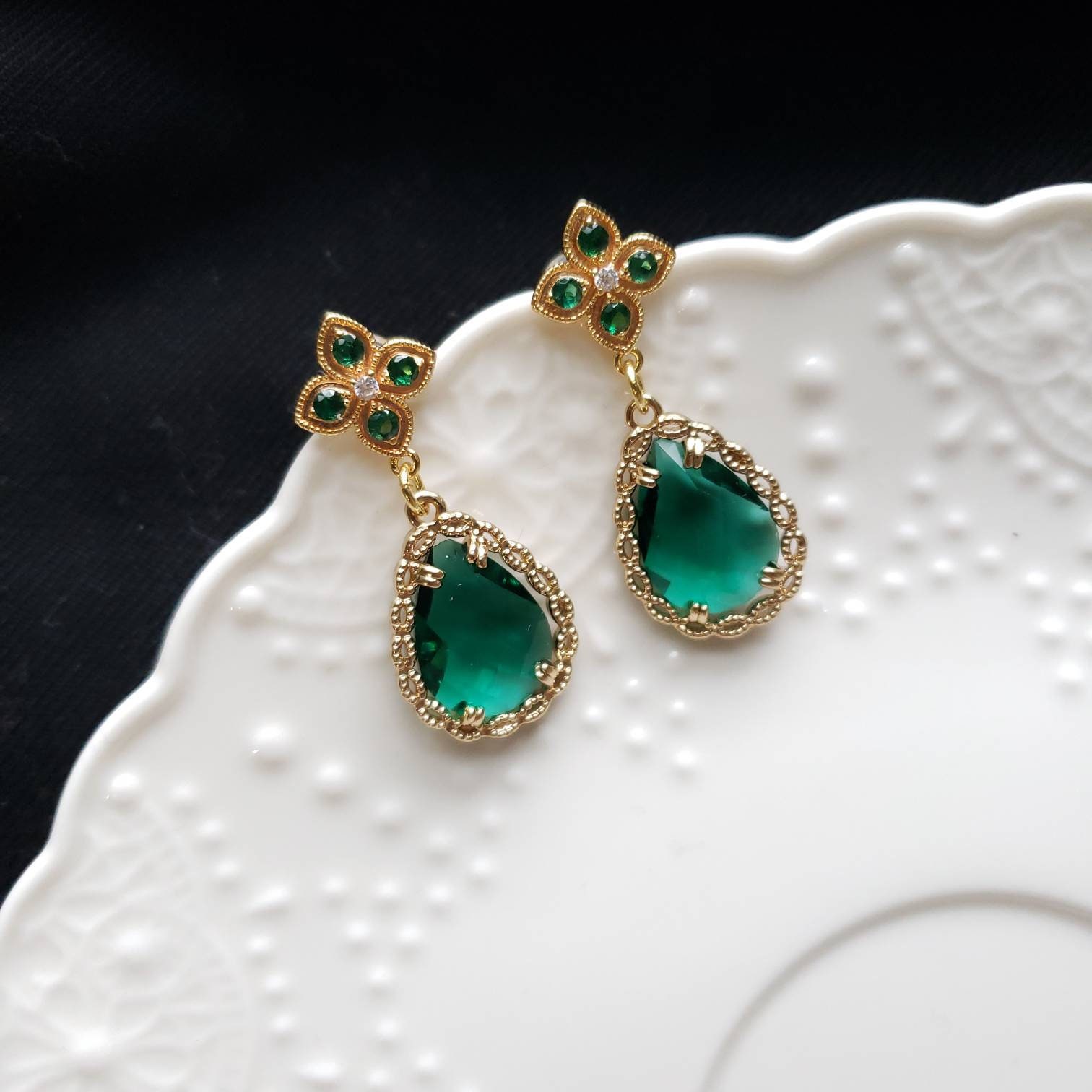 Drop Shape Earrings With Green Hangings
